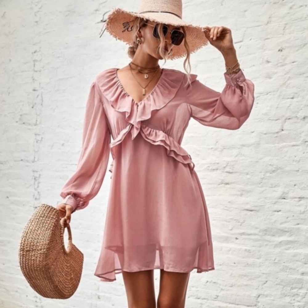 Zara pink romantic ruffle sheer Babydoll mini dress Fairycore Whimsy Coachella